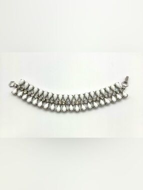 Vintage Milk Glass & Rhinestone Silver Tone Bracelet